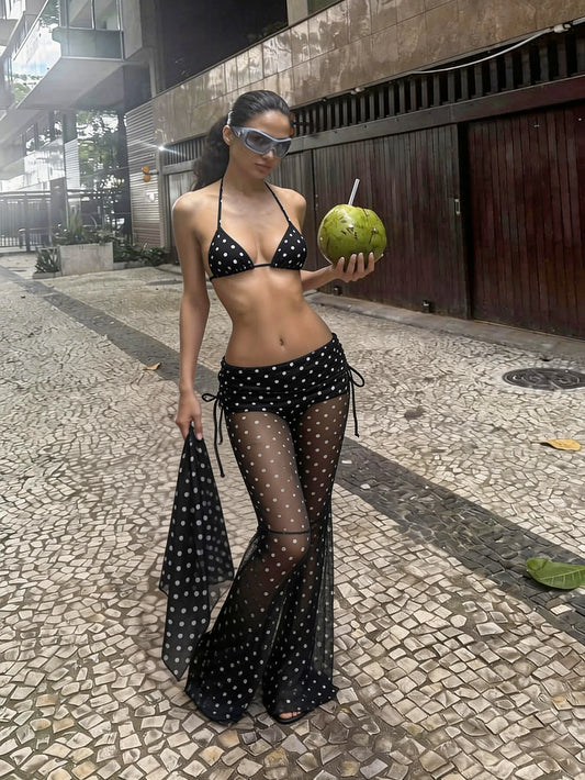 Women's Bikini Set, French Vintage Black & White Polka Dot Bikini Set, Fashionable Headscarf Accessory Vacation Beach Summer