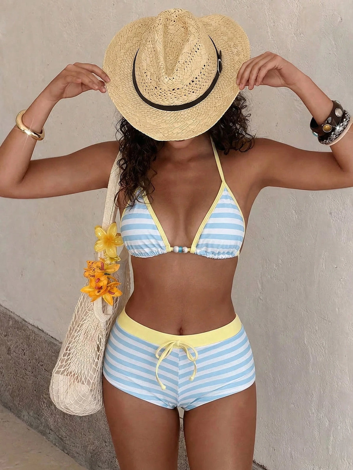 Women's Bikini Swimsuit, Vintage Yellow Polka Dot Print Retro Swimsuit Set, Suitable For Outings, Y2K Style, Streetwear, Vacation, Summer Beach/Back To School