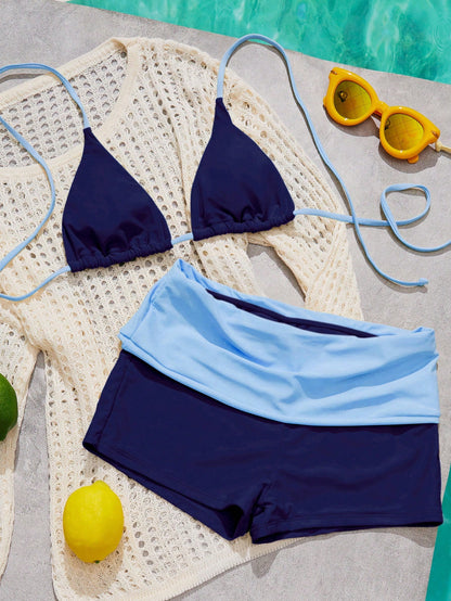 Women's Bikini Swimsuit, Vintage Navy Blue Bikini Pilates Set Beachwear/Fitness Swim Bottoms Outwear/Casual/Y2k/Street Style/Vacation Summer Set