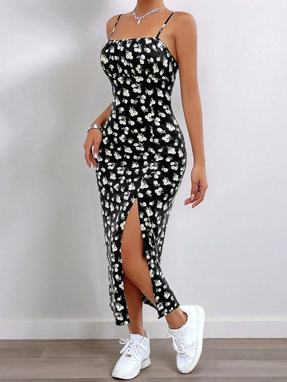 Women's Black Ditsy Floral Side Slit Adjustable Spaghetti Strap Dress