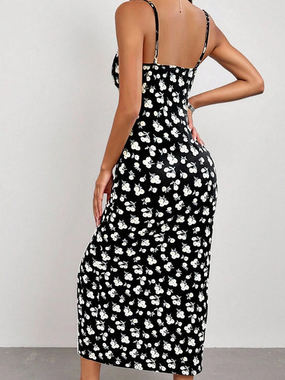 Women's Black Ditsy Floral Side Slit Adjustable Spaghetti Strap Dress