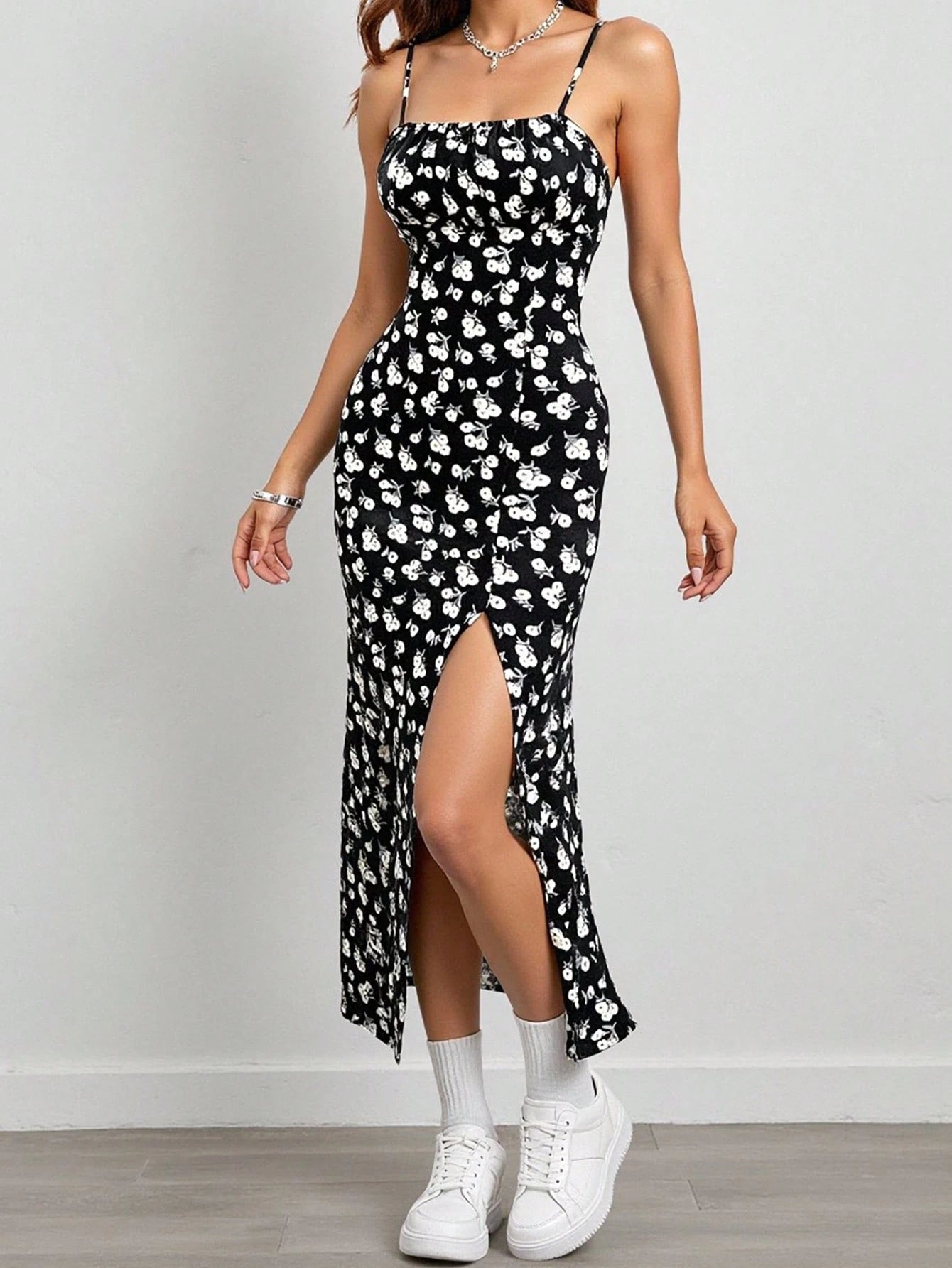 Women's Black Ditsy Floral Side Slit Adjustable Spaghetti Strap Dress
