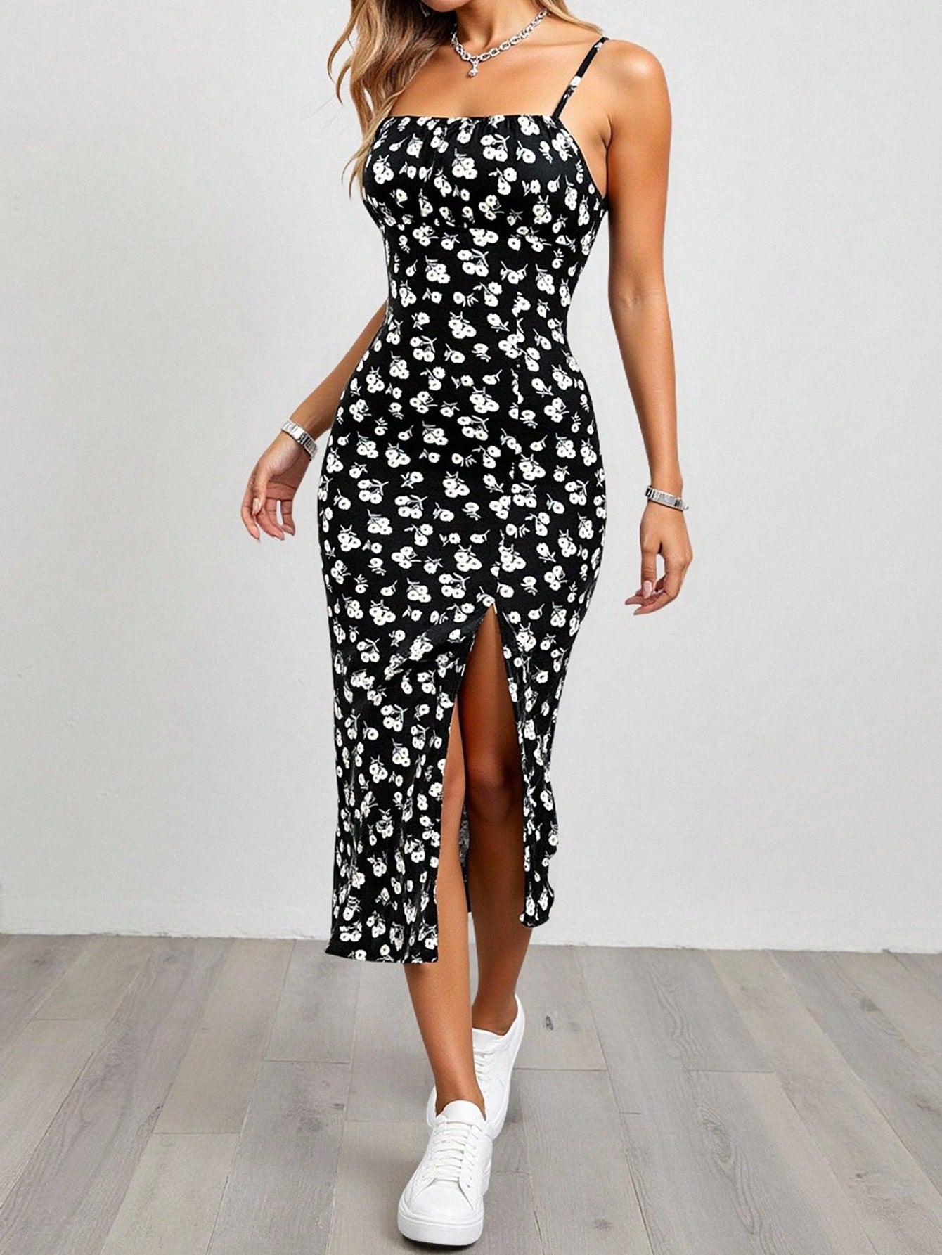 Women's Black Ditsy Floral Side Slit Adjustable Spaghetti Strap Dress