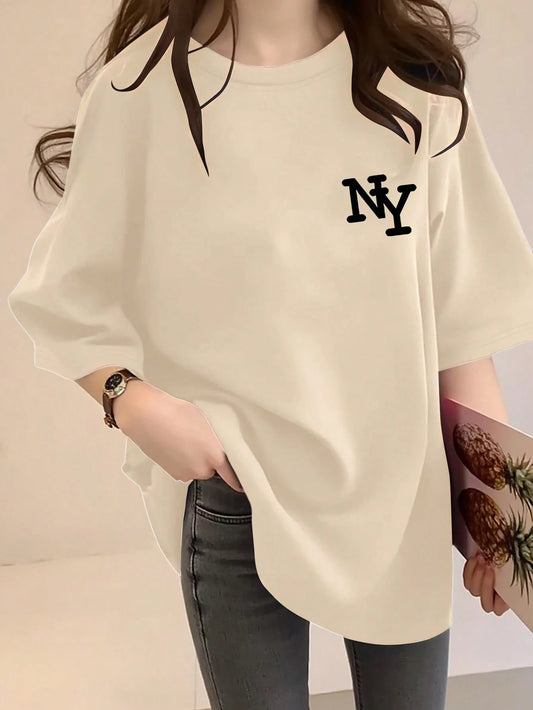 Women's Black New York NY Letter Print Loose Crew Neck Short Sleeve T-Shirt, Casual Summer Top, Elegant And Comfortable Design For Everyday Wear