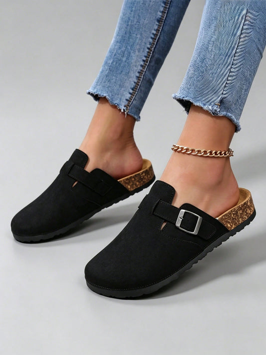 Women's Black Slip-On Clogs, Low Cut Backless Sandals With Adjustable Metal Buckle, Cork Footbed & PVC Sole