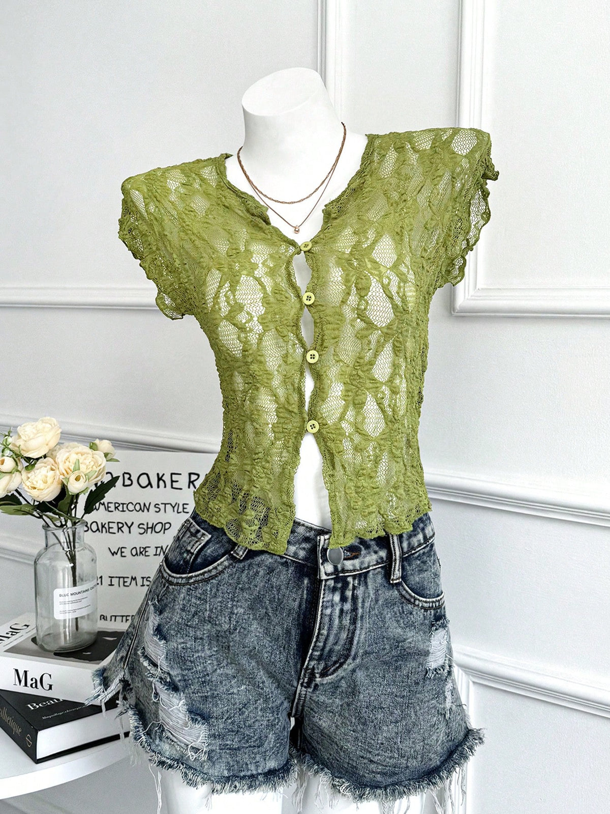 Women's Casual Elegant Vacation Solid Color Sexy Style Green Hollow Lace Semi-Transparent Button Knit Cardigan Top, Summer Beach