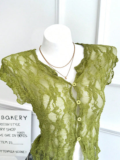 Women's Casual Elegant Vacation Solid Color Sexy Style Green Hollow Lace Semi-Transparent Button Knit Cardigan Top, Summer Beach