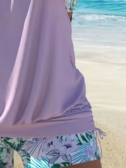 Women's Casual Light Purple Drawstring Camisole Tank Top Set, Sexy Backless Square Neck Swimwear Vacation Beach Summer