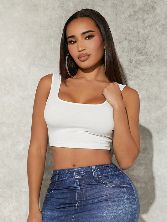 Women's Casual Minimalist Basic Solid Color Fitted Cropped Tank Top, White, All-Match Versatile, Leisure, Sports Everyday Indoor Home Summer