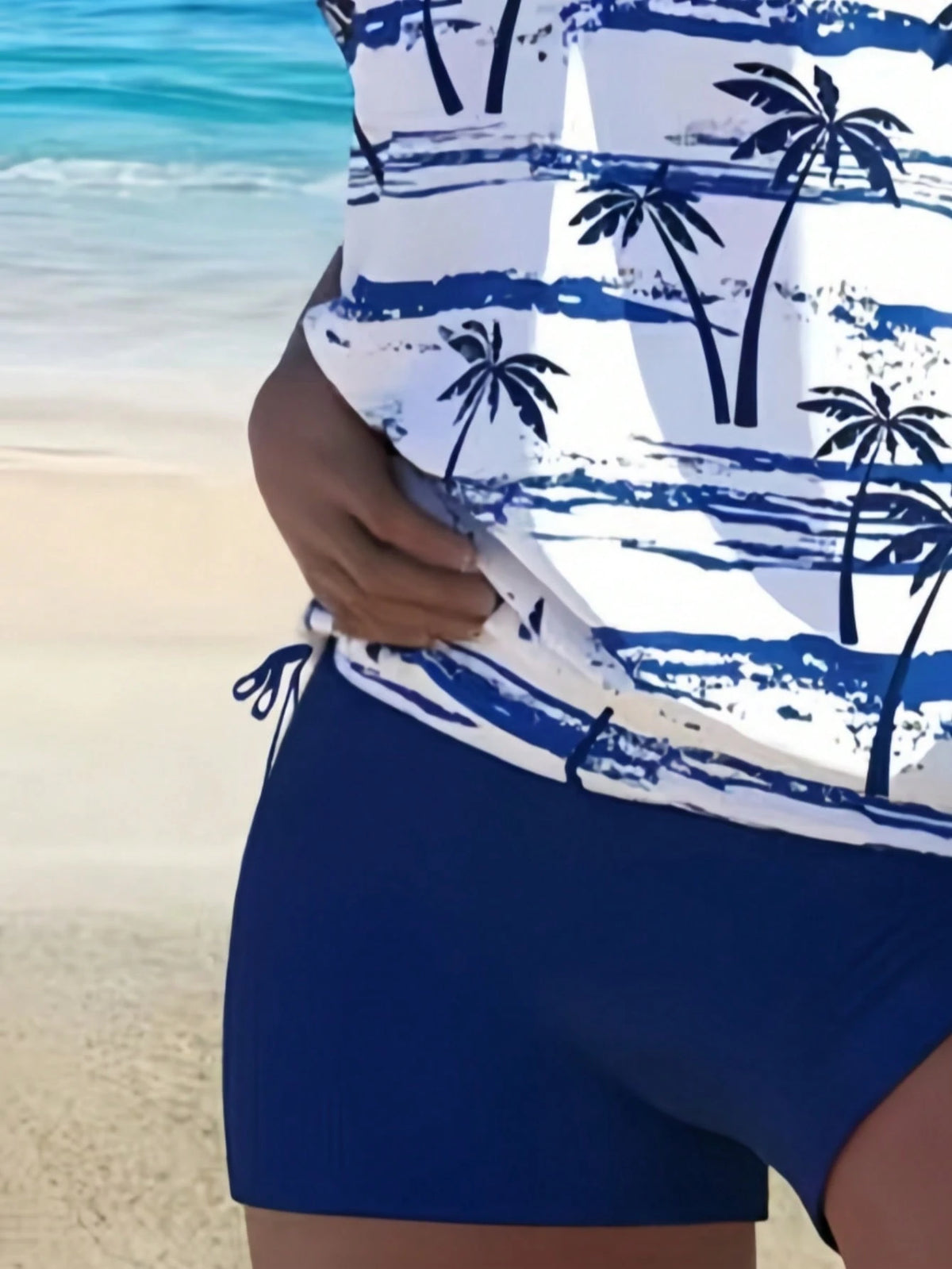Women's Casual Palm Tree Print Camisole Swimsuit Set, Square Neck Top With Backless Drawstring Shorts, Suitable For Beach Wear Vacation Summer