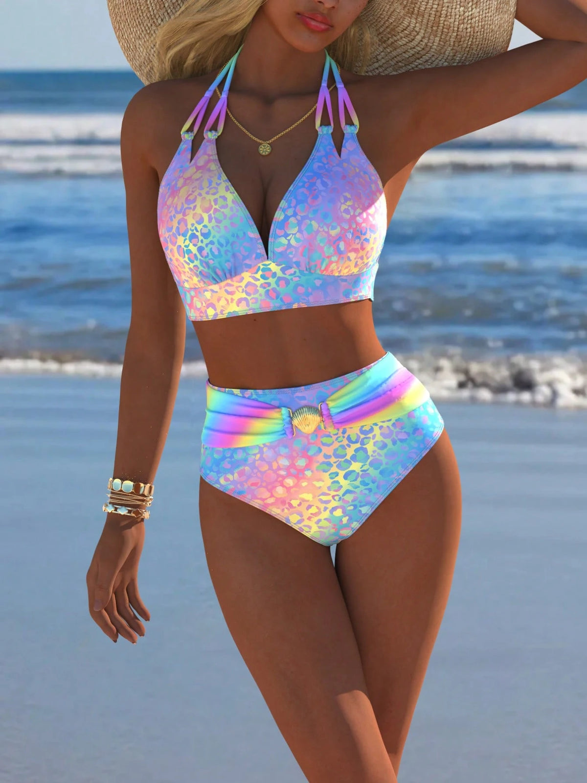 Women's Casual Sexy High Elasticity Halter Neck Bikini Set, Rainbow Leopard Print, Suitable For Beach, Festival, Summer Vacation, Travel Outfits, New Arrival