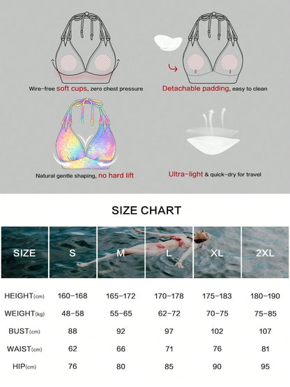Women's Casual Sexy High Elasticity Halter Neck Bikini Set, Rainbow Leopard Print, Suitable For Beach, Festival, Summer Vacation, Travel Outfits, New Arrival