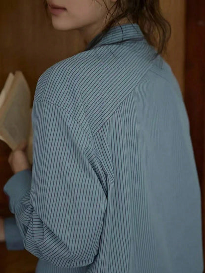 Women's Casual Striped Print Patchwork Pocket Long Sleeve Shirt, Suitable For Daily Commute And Workplace, Spring/Autumn