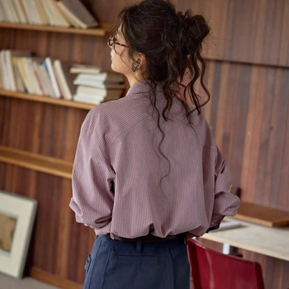 Women's Casual Striped Print Patchwork Pocket Long Sleeve Shirt, Suitable For Daily Commute And Workplace, Spring/Autumn