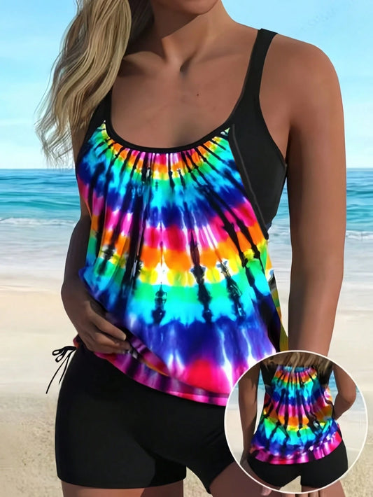 Women's Colorful Tie-Dye Camisole Swimsuit Set, Square Neck Top With Shorts, Cute Casual Swimwear Vacation Beach Summer
