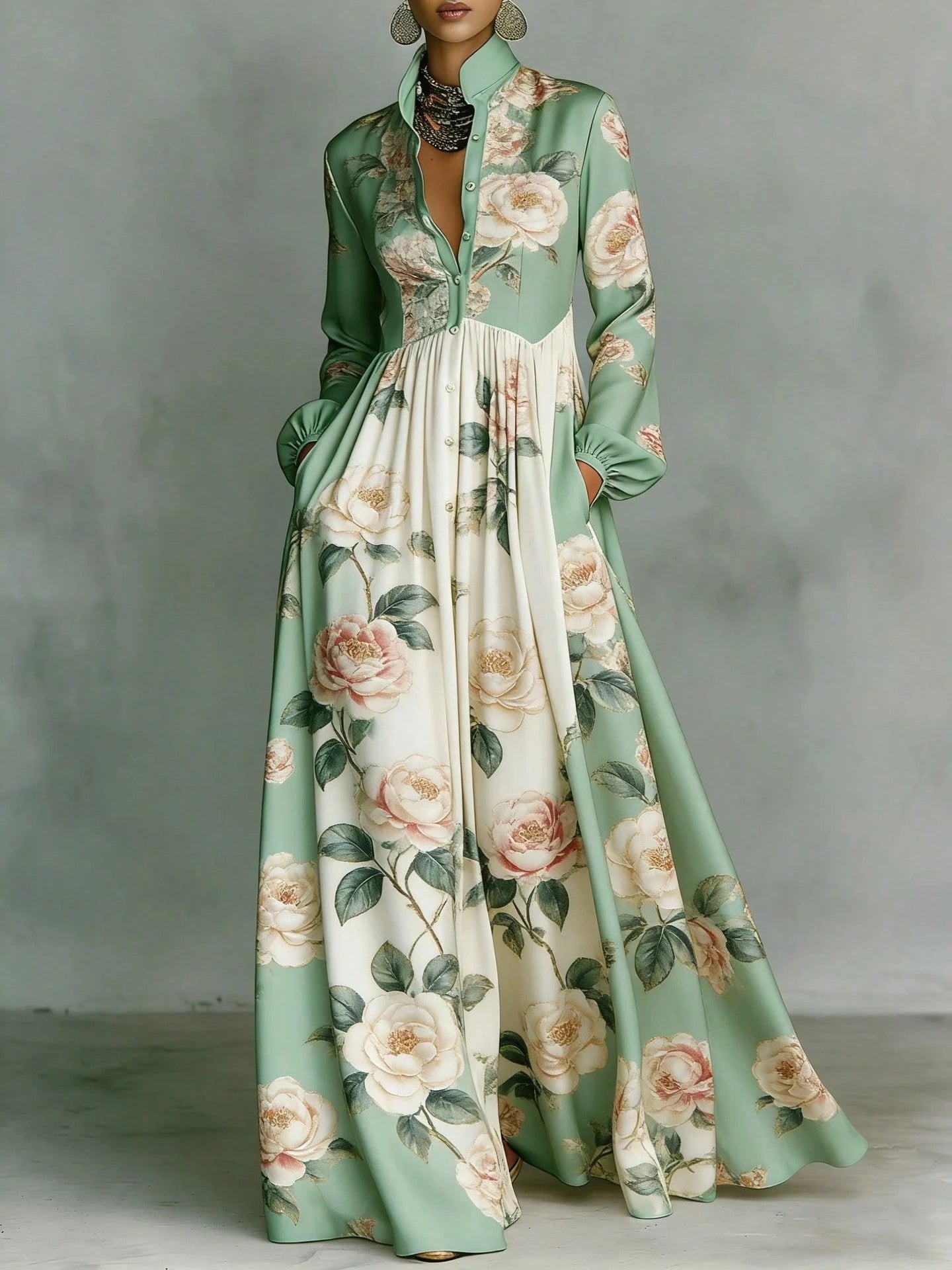 Women's Contrast Long Sleeve Paisley Print Collared Button Front Pocket High Waist Floor Maxi Dress Vintage Resort Elegant Dress