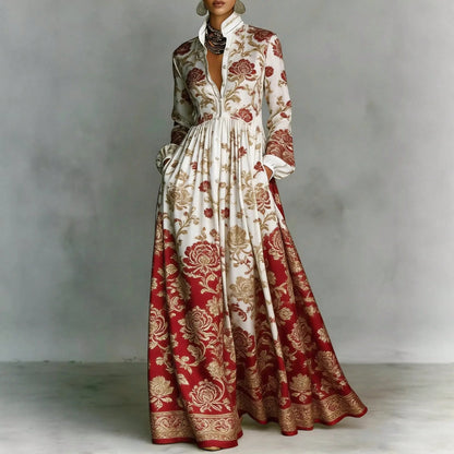 Women's Contrast Long Sleeve Paisley Print Collared Button Front Pocket High Waist Floor Maxi Dress Vintage Resort Elegant Dress