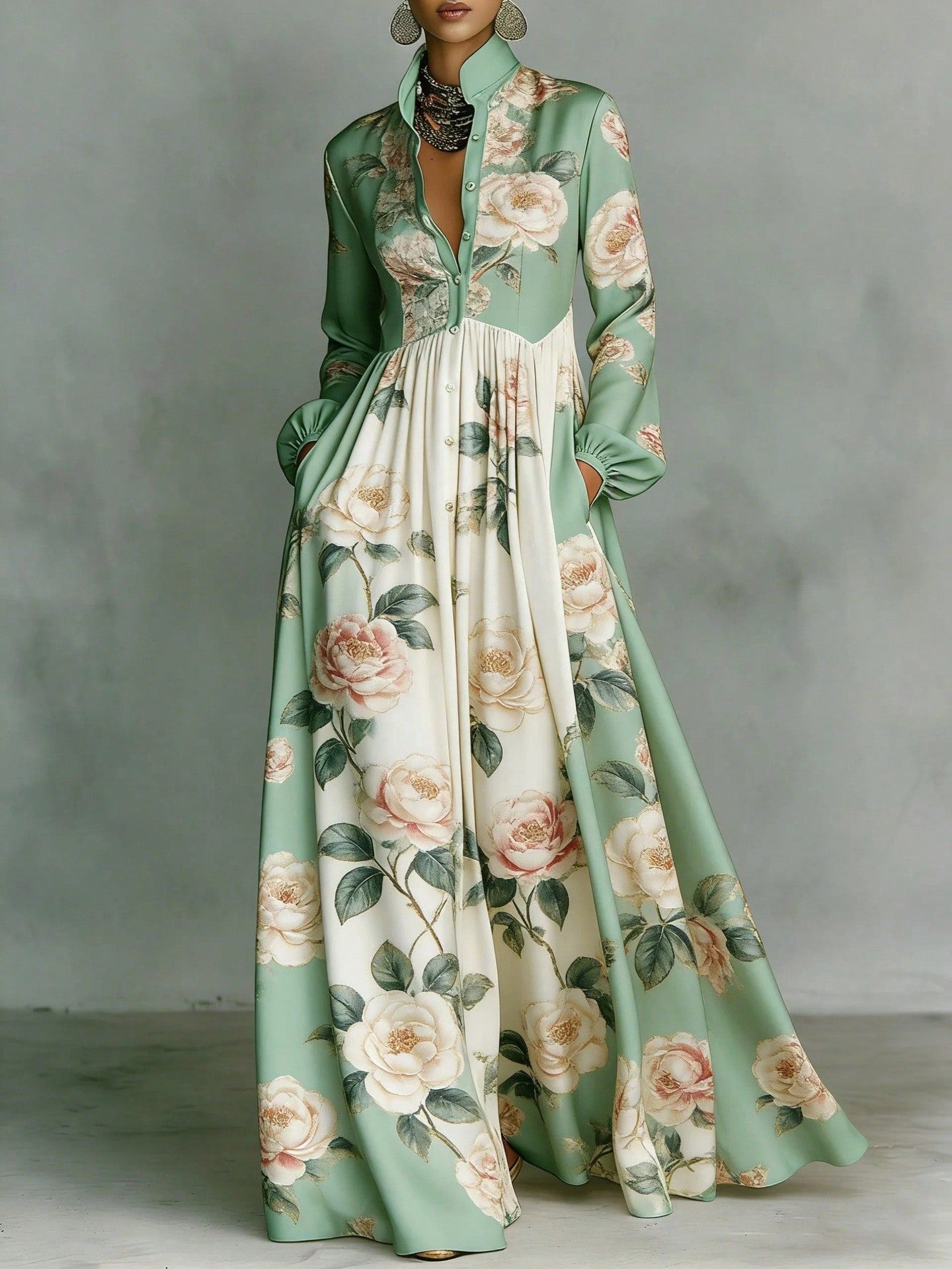 Women's Contrast Long Sleeve Paisley Print Collared Button Front Pocket High Waist Floor Maxi Dress Vintage Resort Elegant Dress
