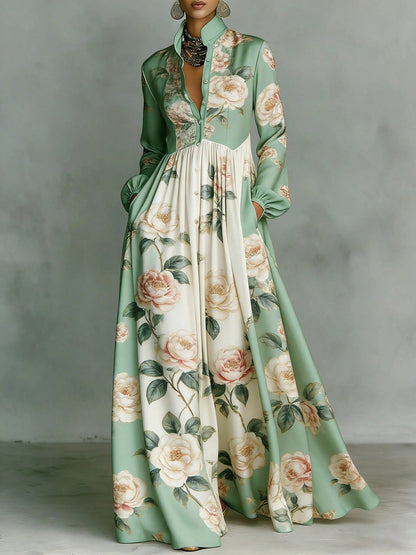 Women's Contrast Long Sleeve Paisley Print Collared Button Front Pocket High Waist Floor Maxi Dress Vintage Resort Elegant Dress