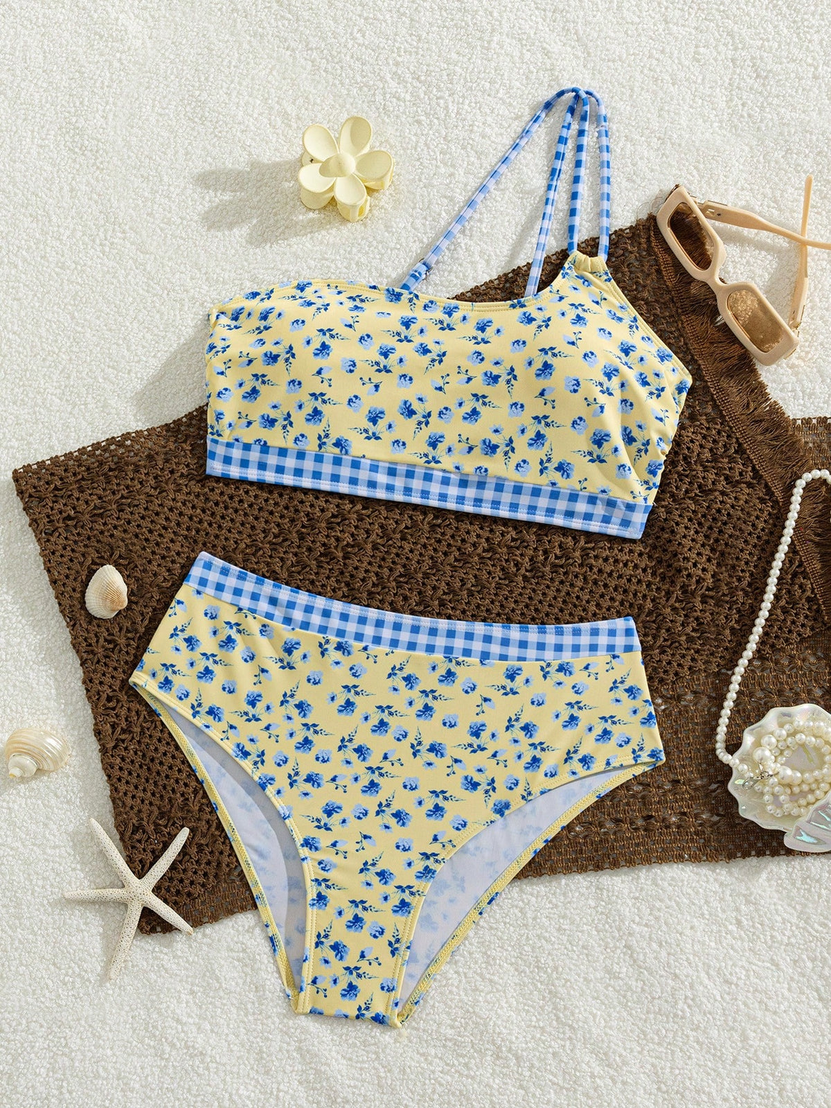 Women's Ditsy Floral Pattern Paired With Checkered Print One Shoulder Vest Style High Waisted Swimwear Bikini 2 Pieces Set Vacation Beach