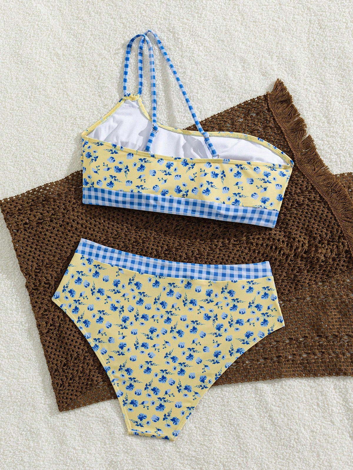 Women's Ditsy Floral Pattern Paired With Checkered Print One Shoulder Vest Style High Waisted Swimwear Bikini 2 Pieces Set Vacation Beach