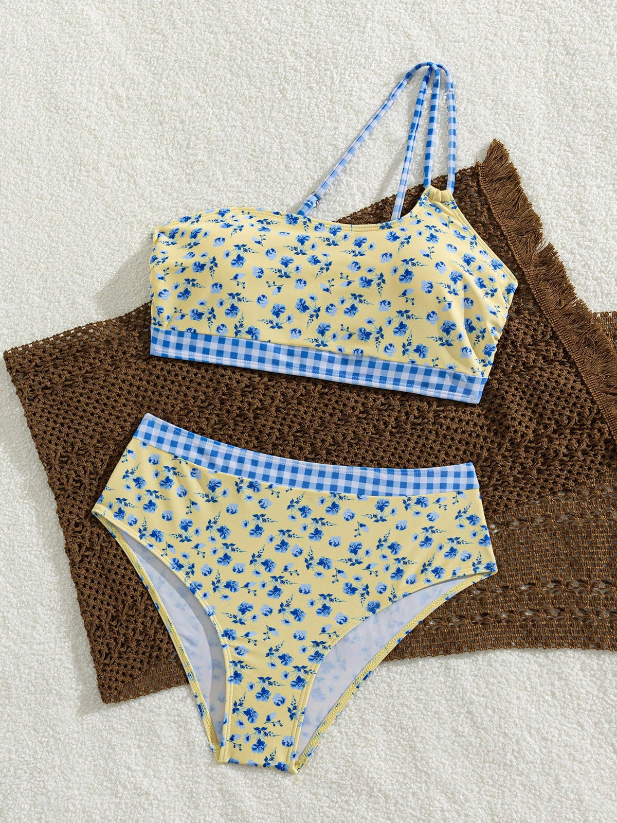 Women's Ditsy Floral Pattern Paired With Checkered Print One Shoulder Vest Style High Waisted Swimwear Bikini 2 Pieces Set Vacation Beach