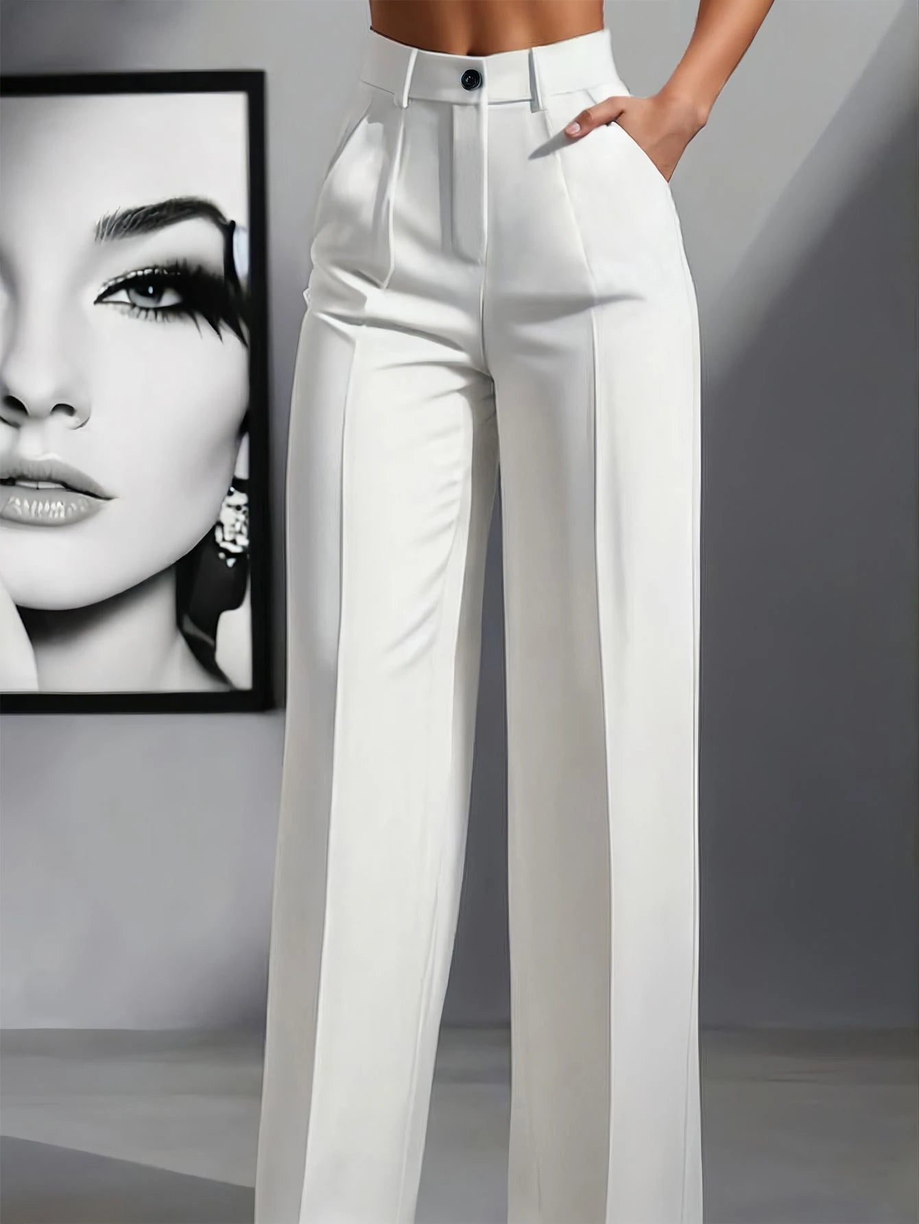 Women's Elegant High Waist Pleated Wide Leg Trousers Casual Office Commuting Drapey Suit Pants With Pockets White, Work To Weekend Fall