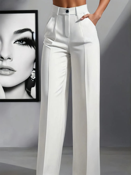 Women's Elegant High Waist Pleated Wide Leg Trousers Casual Office Commuting Drapey Suit Pants With Pockets White, Work To Weekend Fall