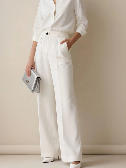 Women's Elegant High Waist Pleated Wide Leg Trousers Casual Office Commuting Drapey Suit Pants With Pockets White, Work To Weekend Fall