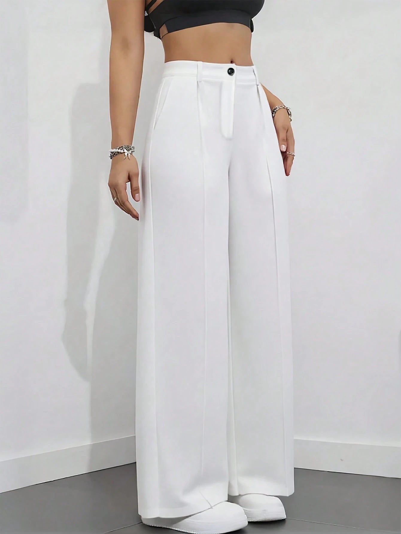 Women's Elegant High Waist Pleated Wide Leg Trousers Casual Office Commuting Drapey Suit Pants With Pockets White, Work To Weekend Fall
