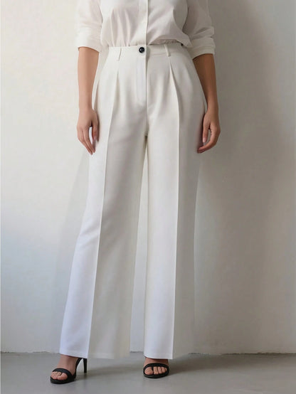 Women's Elegant High Waist Pleated Wide Leg Trousers Casual Office Commuting Drapey Suit Pants With Pockets White, Work To Weekend Fall