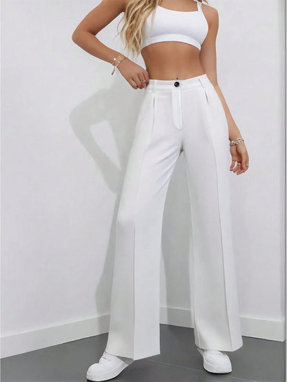 Women's Elegant High Waist Pleated Wide Leg Trousers Casual Office Commuting Drapey Suit Pants With Pockets White, Work To Weekend Fall