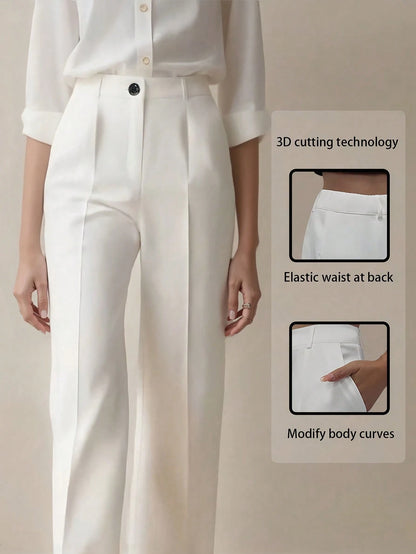 Women's Elegant High Waist Pleated Wide Leg Trousers Casual Office Commuting Drapey Suit Pants With Pockets White, Work To Weekend Fall