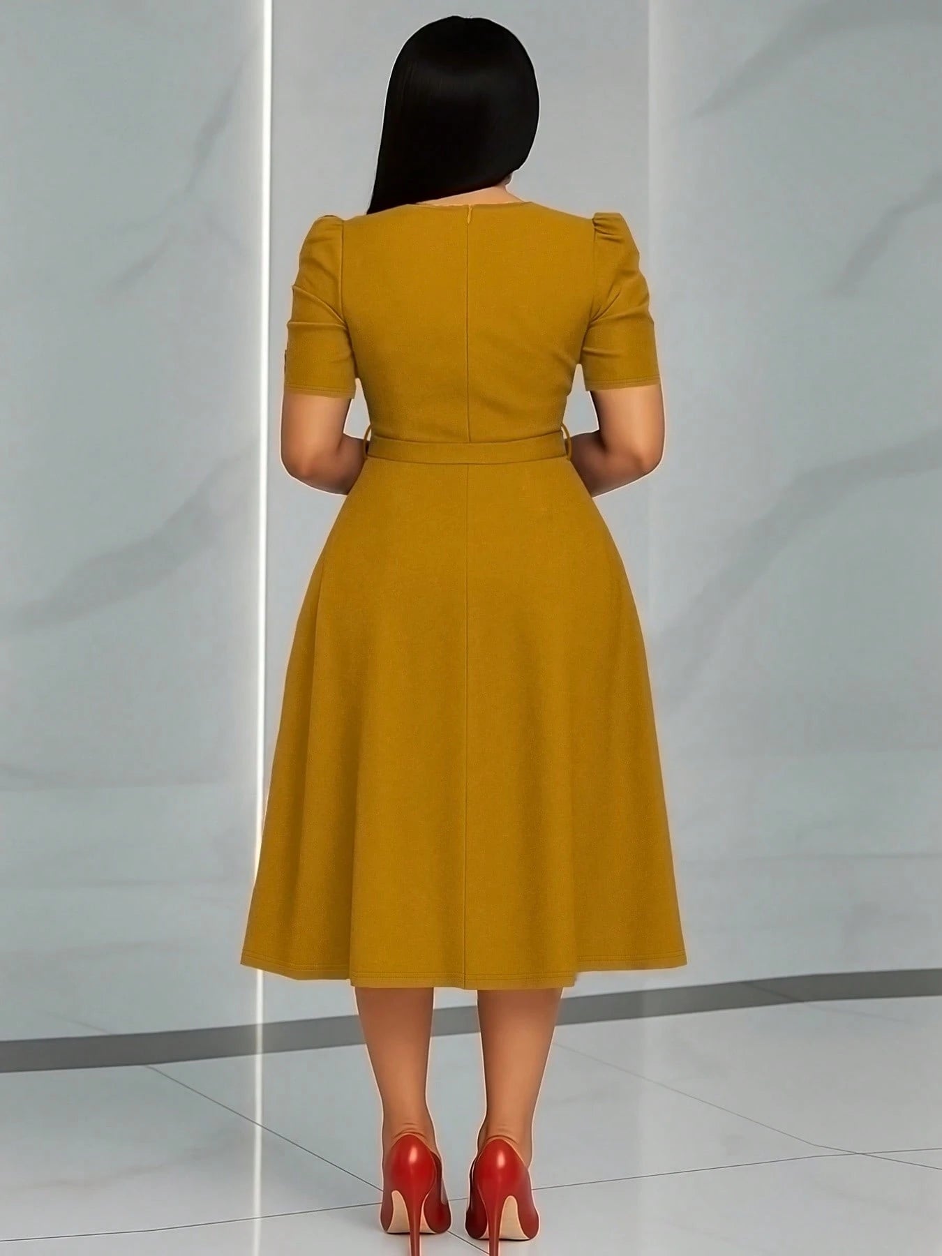 Women's Elegant Puff Short Sleeve Midi Dress- Pleated High Waist A-Line Skater Dress With Belt, Flowy Cocktail & Work Dress