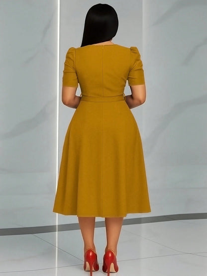 Women's Elegant Puff Short Sleeve Midi Dress- Pleated High Waist A-Line Skater Dress With Belt, Flowy Cocktail & Work Dress
