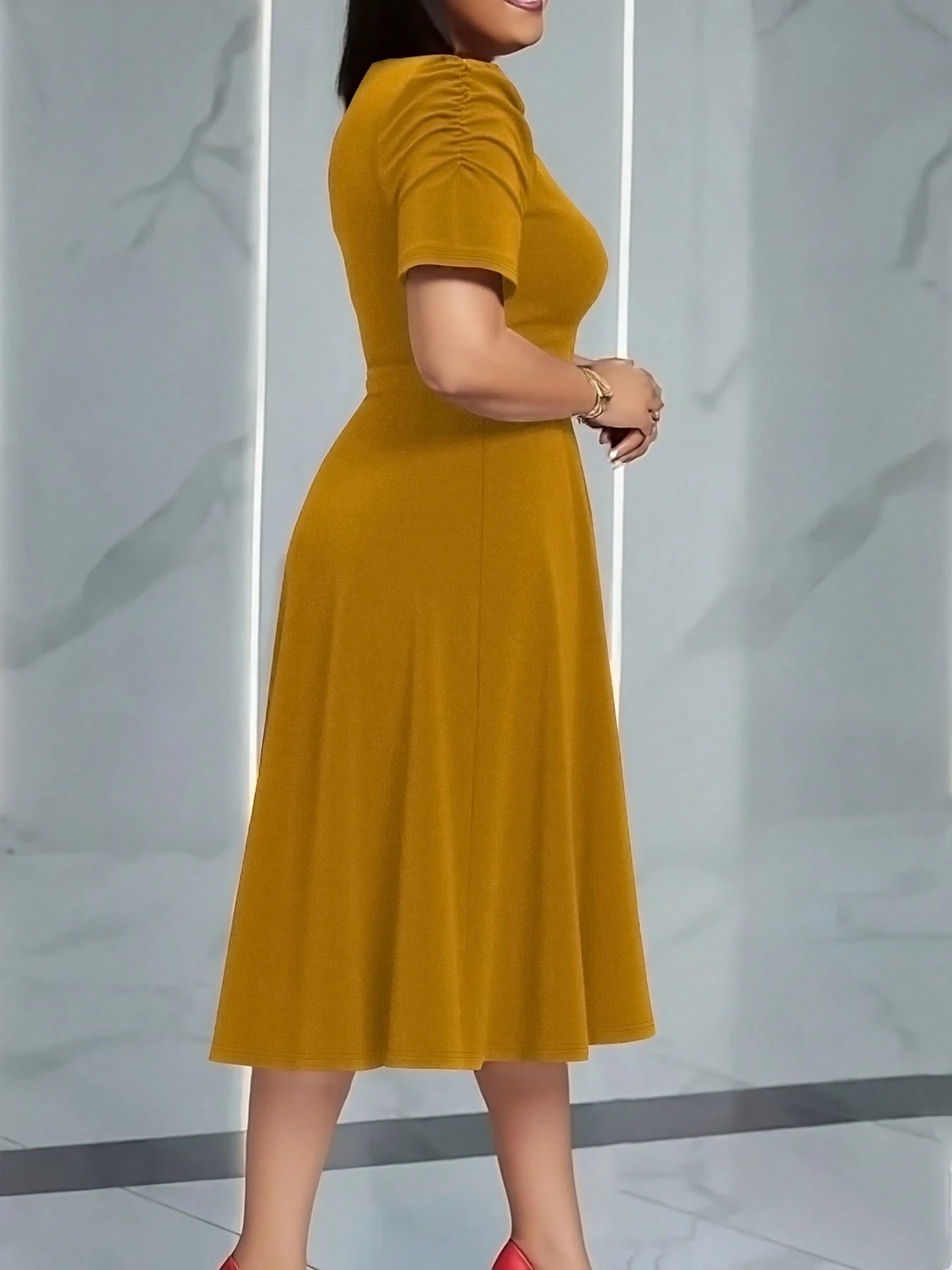 Women's Elegant Puff Short Sleeve Midi Dress- Pleated High Waist A-Line Skater Dress With Belt, Flowy Cocktail & Work Dress