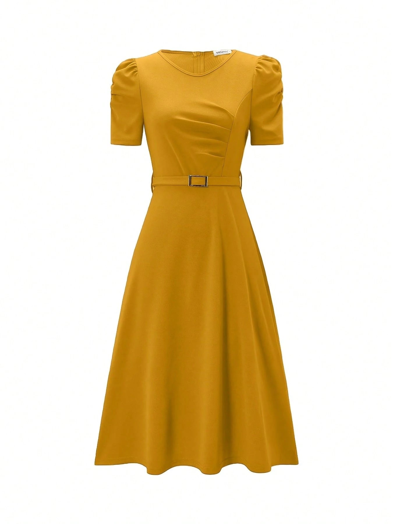Women's Elegant Puff Short Sleeve Midi Dress- Pleated High Waist A-Line Skater Dress With Belt, Flowy Cocktail & Work Dress
