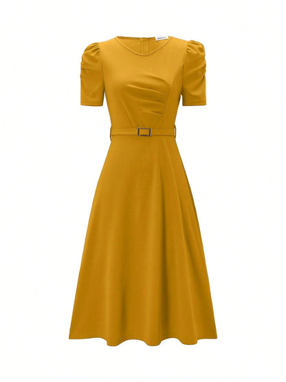 Women's Elegant Puff Short Sleeve Midi Dress- Pleated High Waist A-Line Skater Dress With Belt, Flowy Cocktail & Work Dress