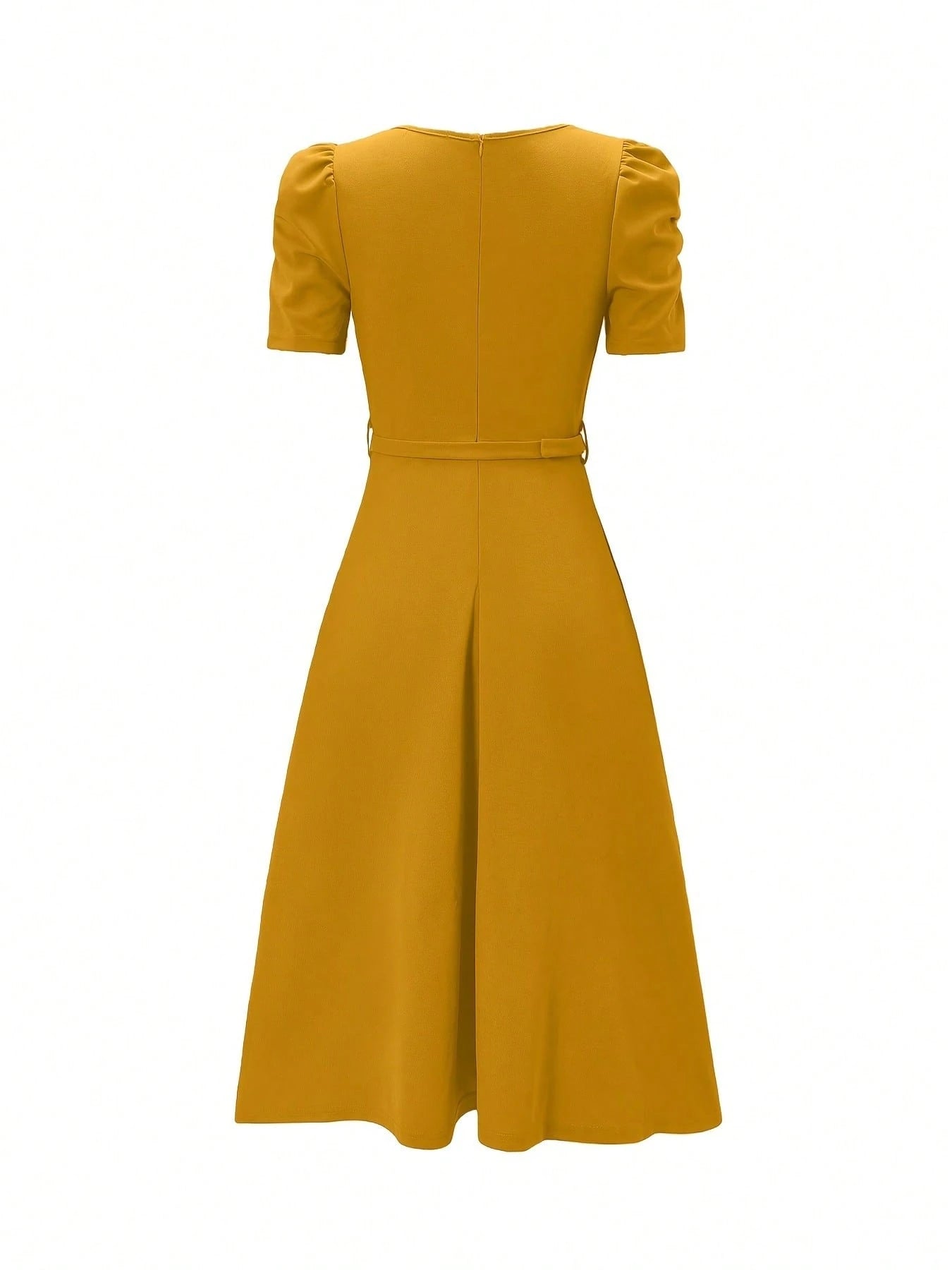 Women's Elegant Puff Short Sleeve Midi Dress- Pleated High Waist A-Line Skater Dress With Belt, Flowy Cocktail & Work Dress