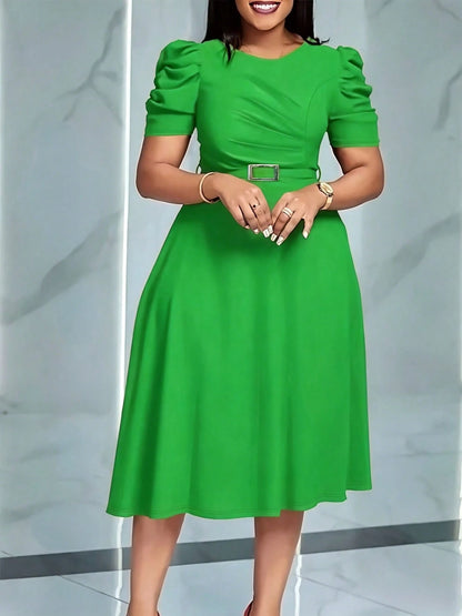 Women's Elegant Puff Short Sleeve Midi Dress- Pleated High Waist A-Line Skater Dress With Belt, Flowy Cocktail & Work Dress