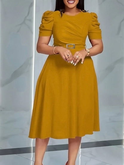 Women's Elegant Puff Short Sleeve Midi Dress- Pleated High Waist A-Line Skater Dress With Belt, Flowy Cocktail & Work Dress