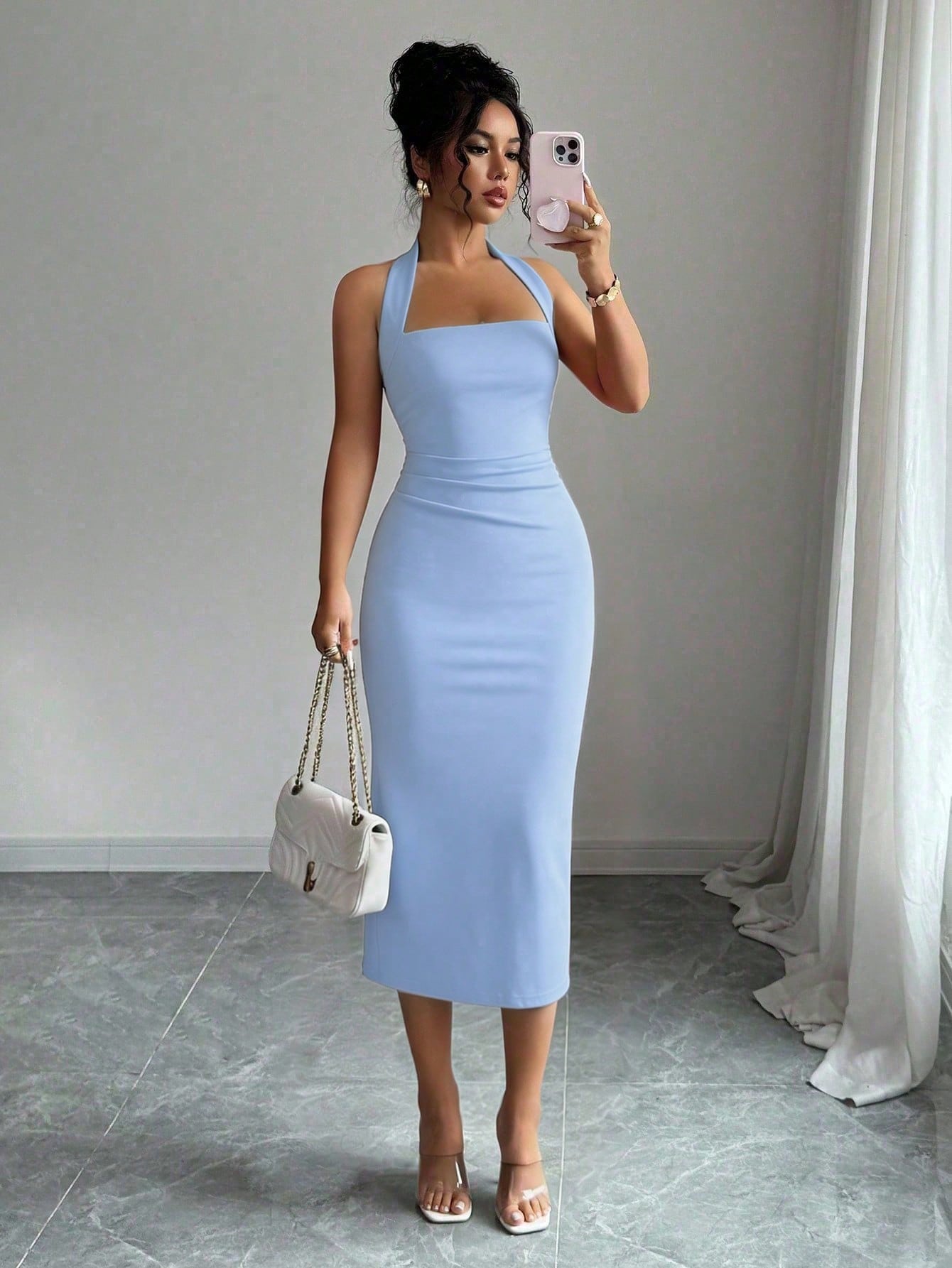 Women's Elegant Solid Color Mid-Length Dress, Suitable For Vacation, Daily Gathering, Dating And Other Occasions Summer