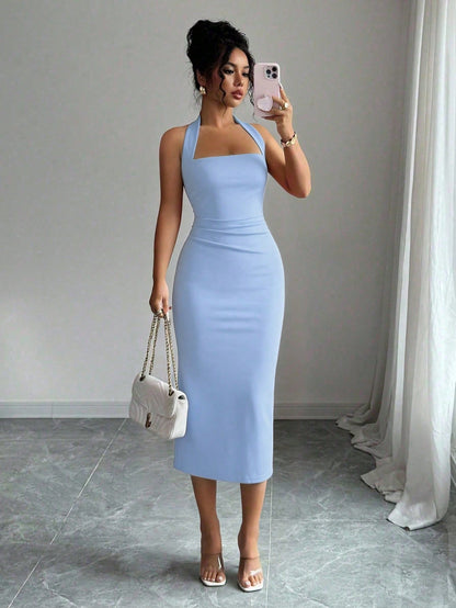 Women's Elegant Solid Color Mid-Length Dress, Suitable For Vacation, Daily Gathering, Dating And Other Occasions Summer