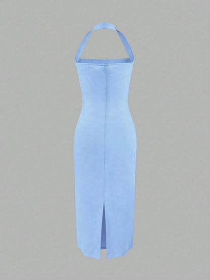 Women's Elegant Solid Color Mid-Length Dress, Suitable For Vacation, Daily Gathering, Dating And Other Occasions Summer