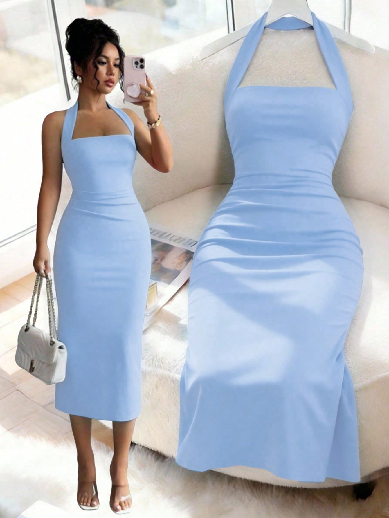 Women's Elegant Solid Color Mid-Length Dress, Suitable For Vacation, Daily Gathering, Dating And Other Occasions Summer