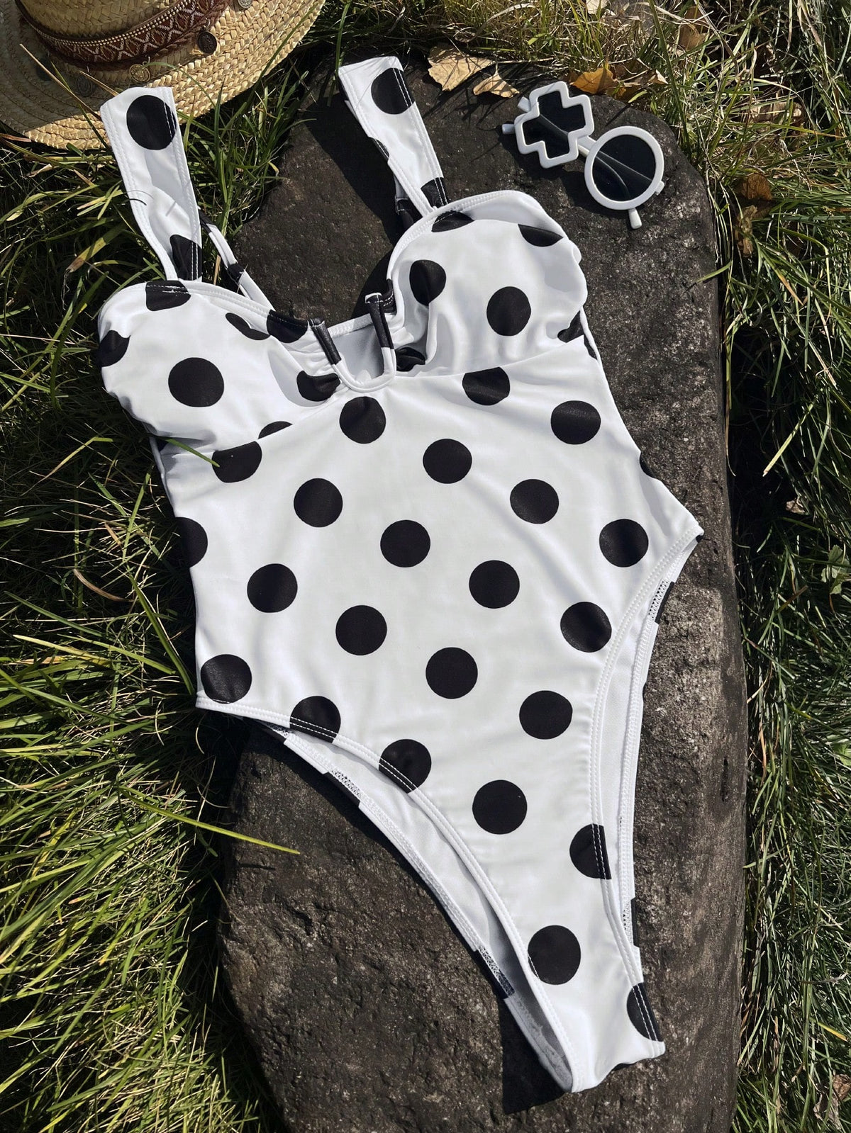 Women's Elegant Vintage Polka Dot One-Piece Summer Swimsuit, Suitable For Beach Vacation, Seaside Activities And Fashionable Holiday Outfits