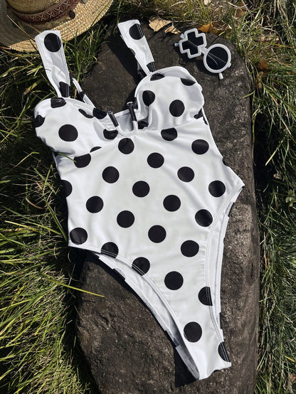 Women's Elegant Vintage Polka Dot One-Piece Summer Swimsuit, Suitable For Beach Vacation, Seaside Activities And Fashionable Holiday Outfits