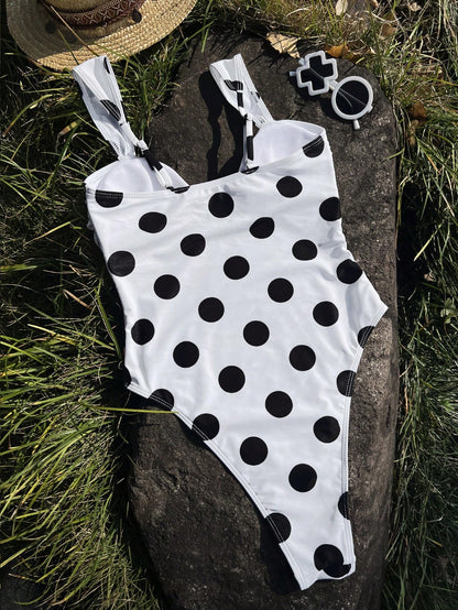 Women's Elegant Vintage Polka Dot One-Piece Summer Swimsuit, Suitable For Beach Vacation, Seaside Activities And Fashionable Holiday Outfits