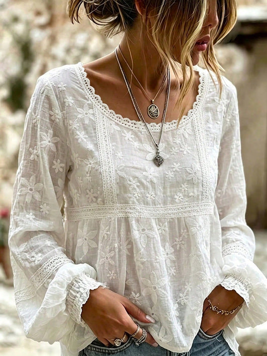 Women's Embroidered Flare Cuff French Sheer Blouse