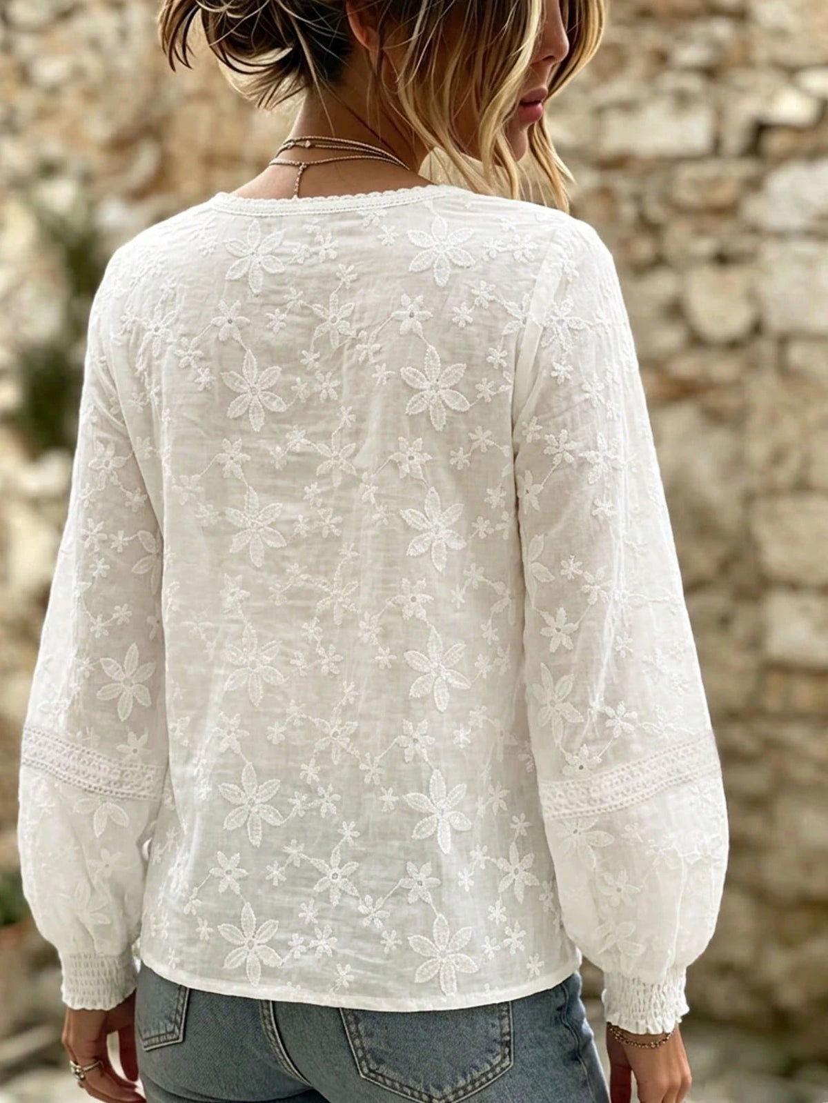 Women's Embroidered Flare Cuff French Sheer Blouse